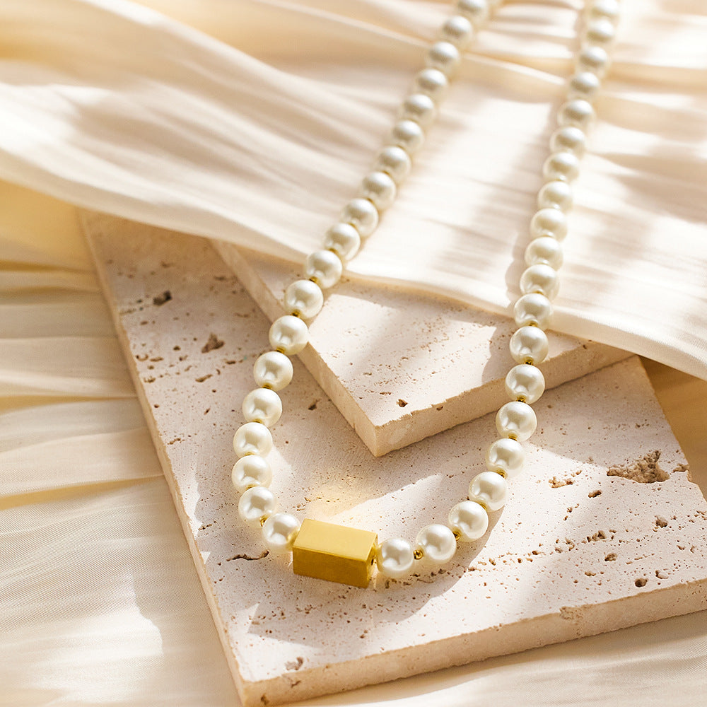 Japanese Korean Simple Vintage Pearl Clavicle Chain Vacuum Vapor Plating 18K Gold Simple All Match Pearl Necklace Ornament Accessories