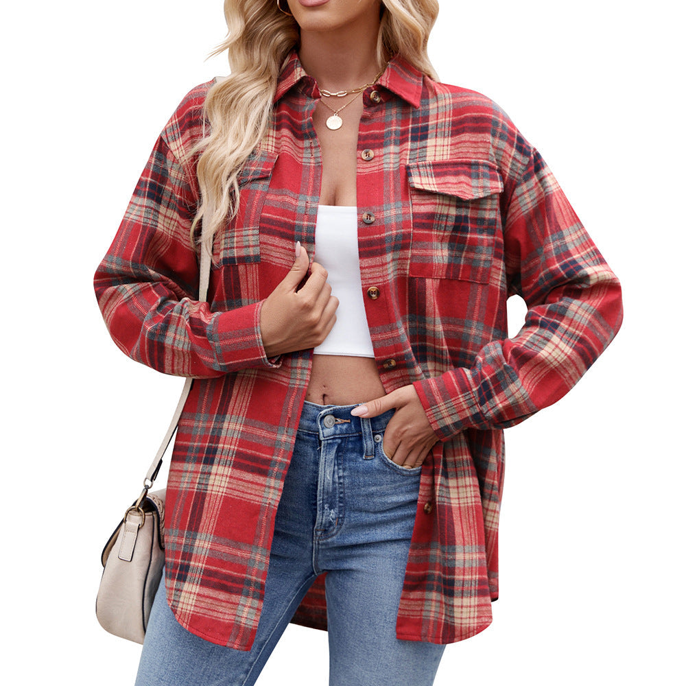 Autumn Winter Women Clothing Casual Loose Plaid Pocket Shirt for Women