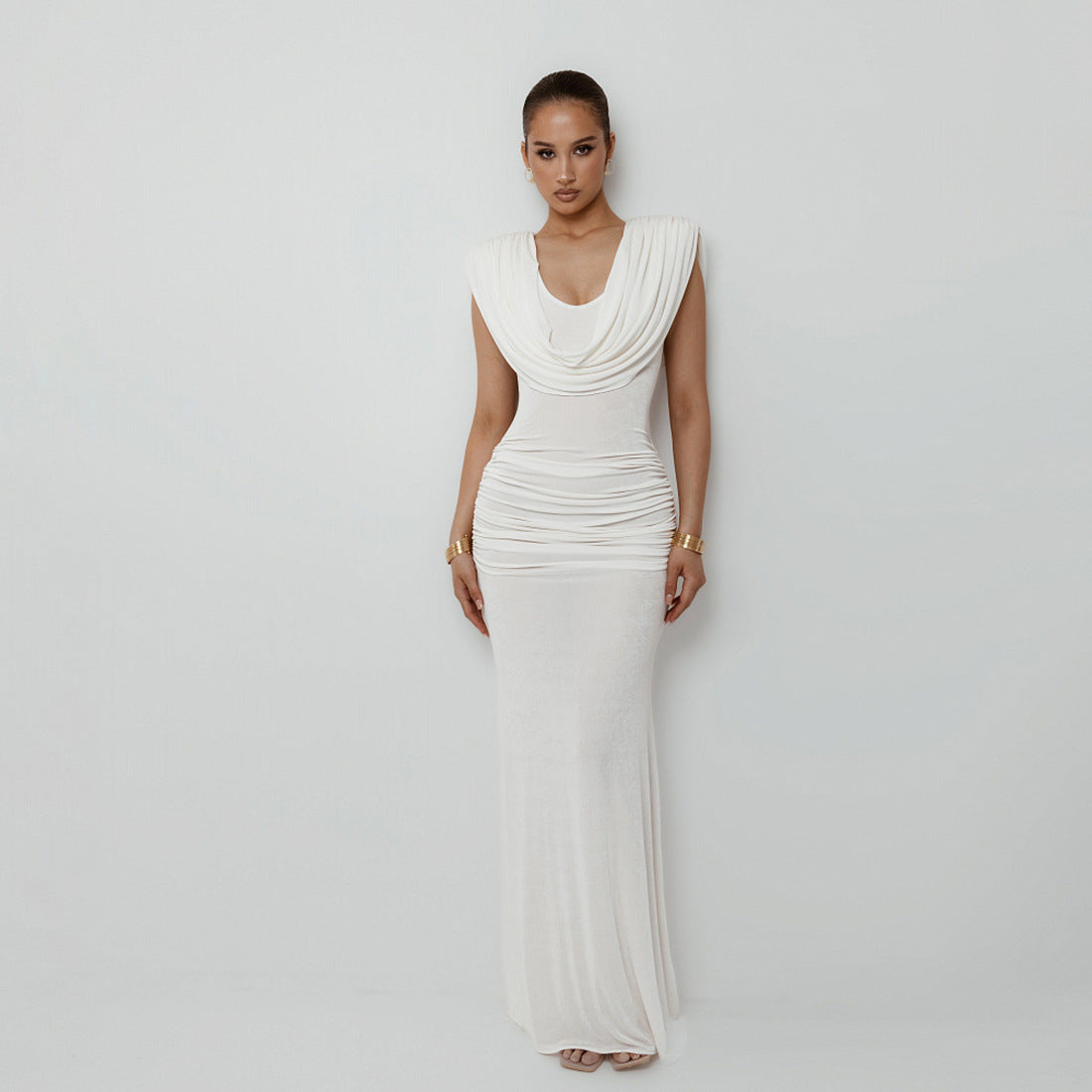Women Clothing Elegant Fitted Waist Pleated Design Swing Collar Solid Color Dress