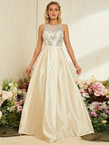 Backless Evening Dress Sleeveless Deep V Plunge neck Hollow Out Cutout out Sequin Stitching Satin Swing Dress Elegant