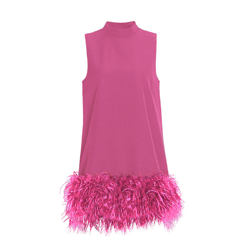 Australian Brand Design Short Autumn Stand Collar Sleeveless Solid Color Stitching Hem Feather Dress