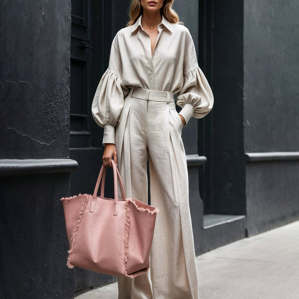 Autumn Solid Color Long Sleeved Shirt Wide Leg Pants Cotton Linen Two Piece Sets