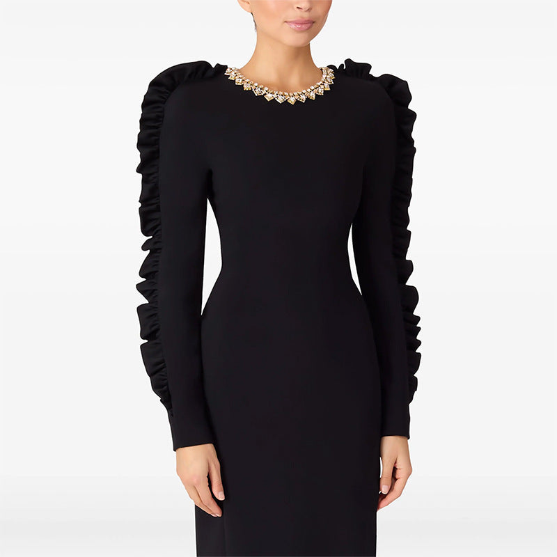 Autumn Star Fashionable Stringy Selvedge Three Dimensional Decoration Long Sleeve Mid Length Dress