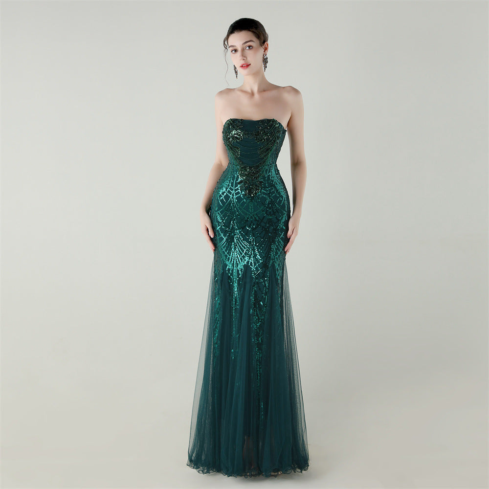 Mesh Heavy Industry Beaded Tube Floral Evening Dress Tube Top Fishtail Dress Swing Cocktail Social Socialite
