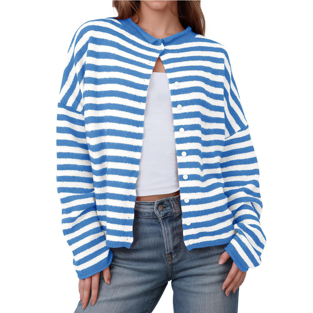 Autumn Winter Women Clothing Striped Contrast Color Sweater Long Sleeve Casual Cardigan