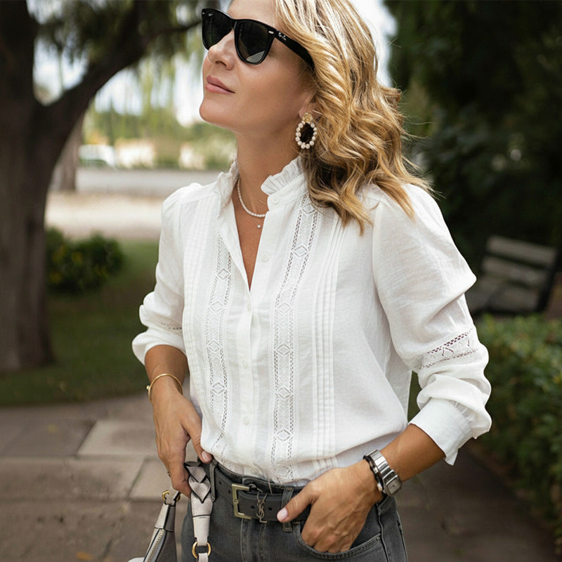 Office Stitching Lace Stand Collar Hollow Out Cutout out Long Sleeve White Shirt Women Autumn