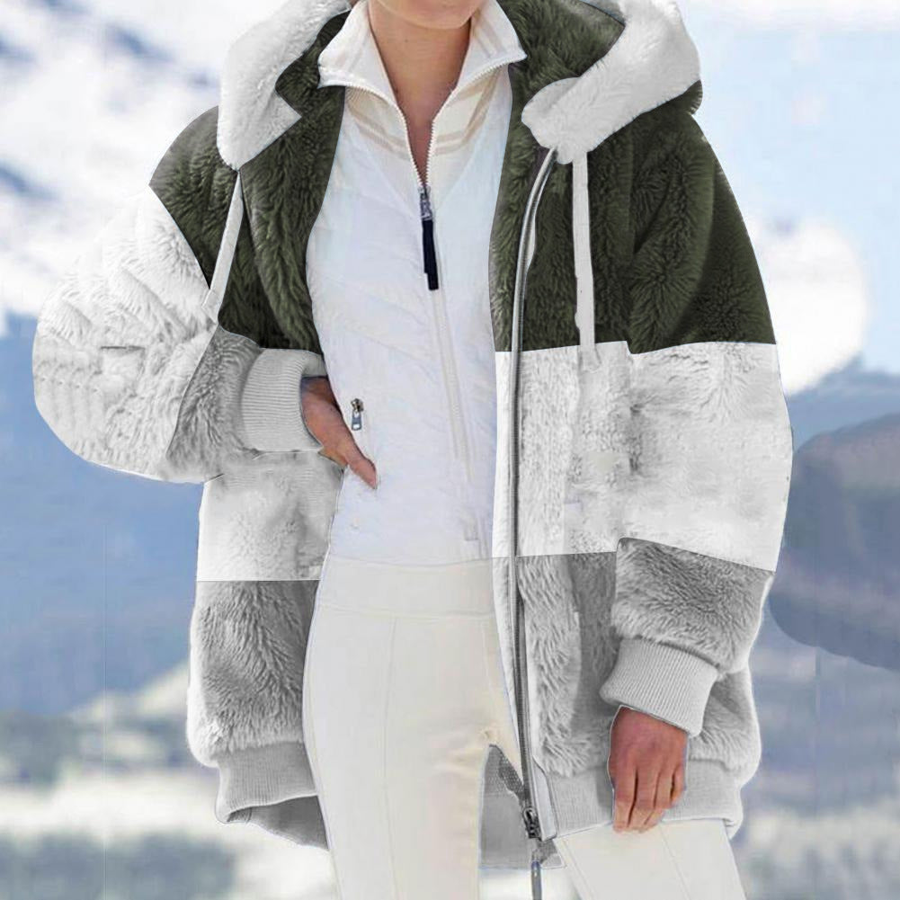Autumn Winter Warm Plush Patchwork Zipper Pocket Hooded Loose Coat Women
