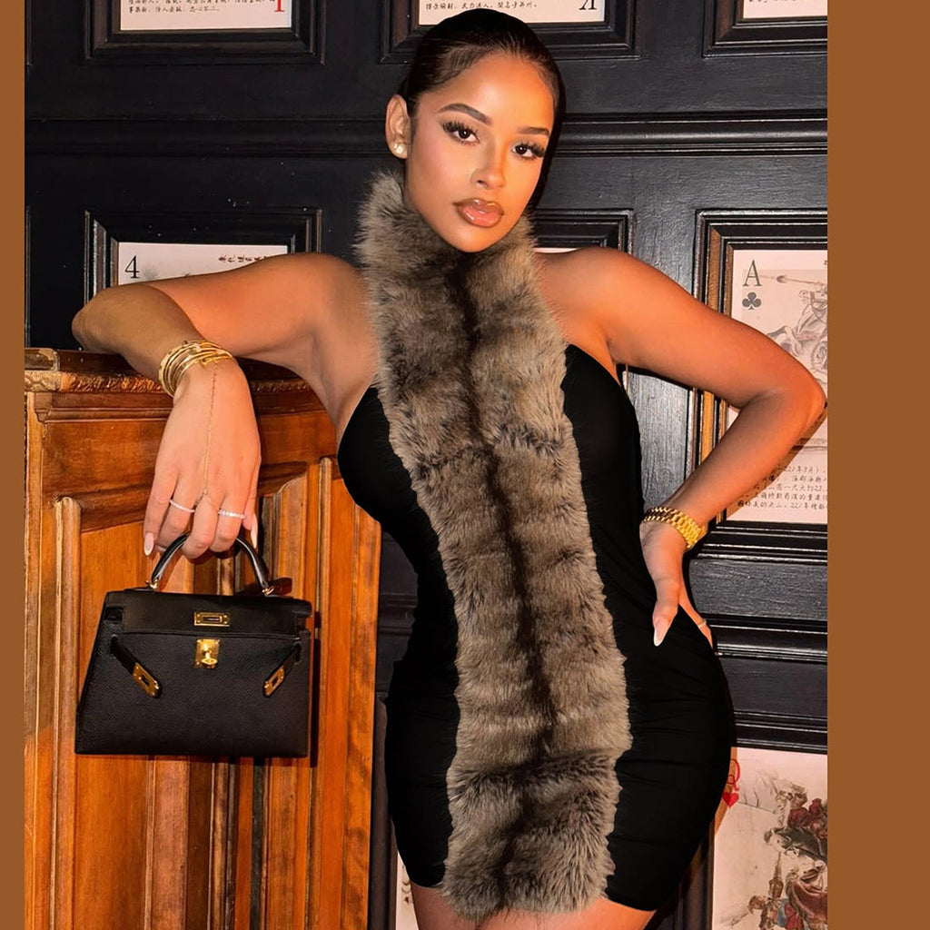 Fall Women Clothing Sexy Halter Backless Plush Stitching Contrast Color Sheath Dress