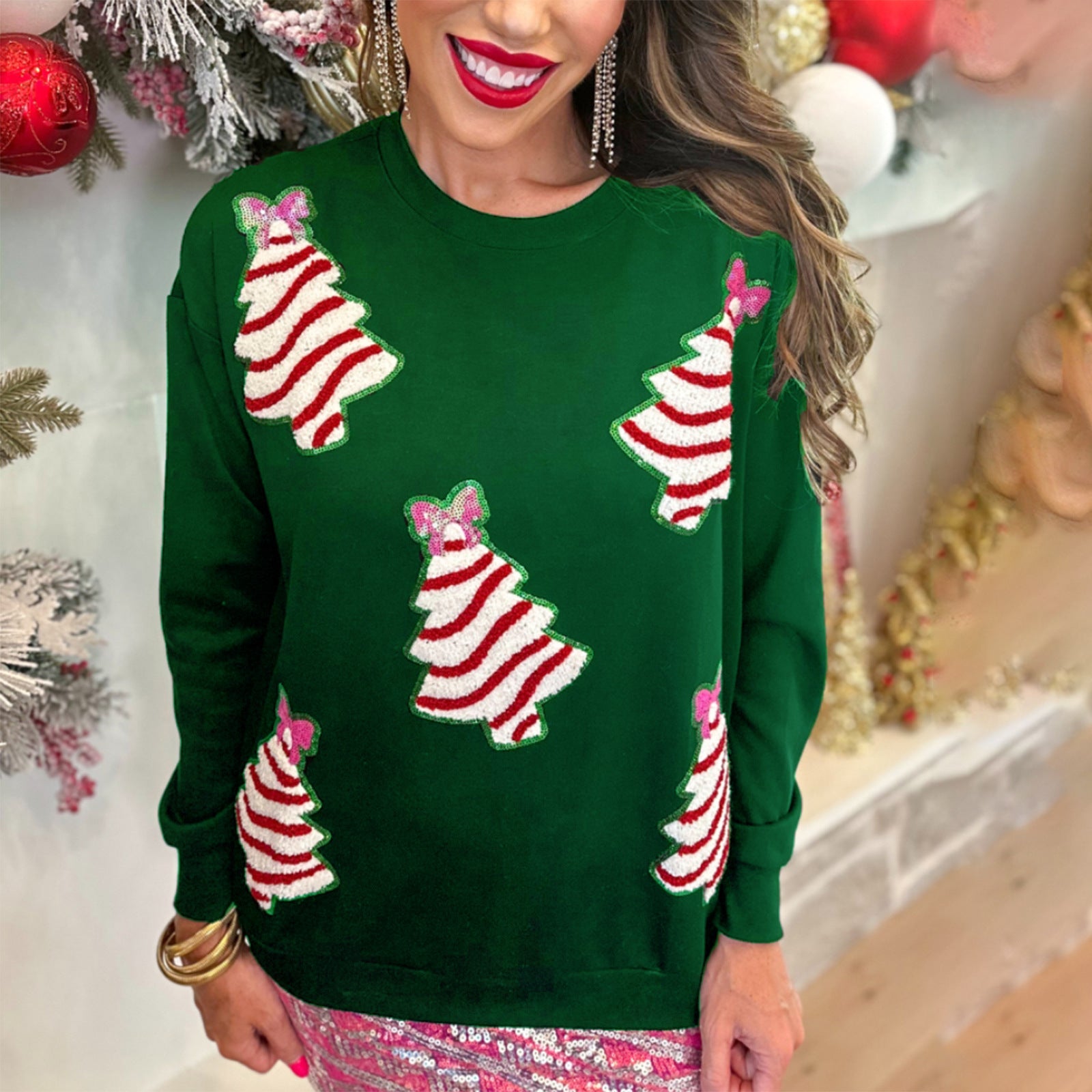 Autumn Winter Women Christmas Tree Decorative Sequ Sweatshirt Casual Loose Top Women
