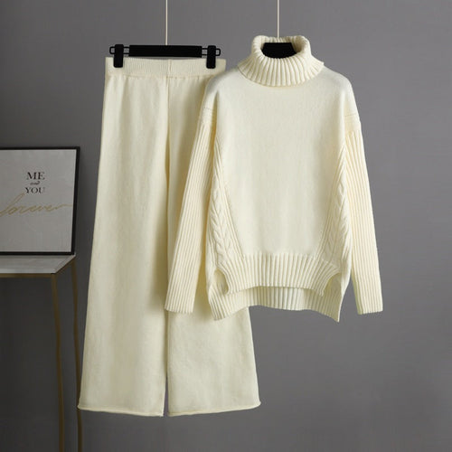 Autumn Winter Lazy Wind Loose Turtleneck Sweater Suit Women Western Wide Leg Pants Two-Piece Suit Women