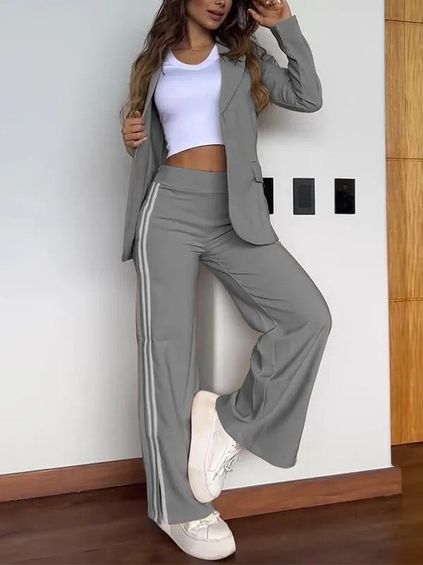 Autumn Winter Women Casual Polo Collar Suit Wide Leg Pants Two Piece Suit