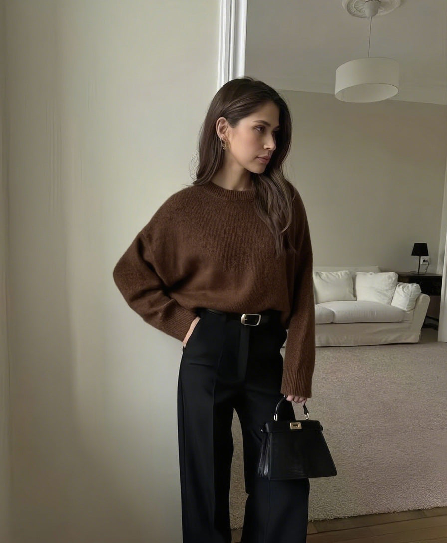 Autumn Winter Russian Thickened Short round Neck Solid Color Sweater All Matching Basic Women Clothing