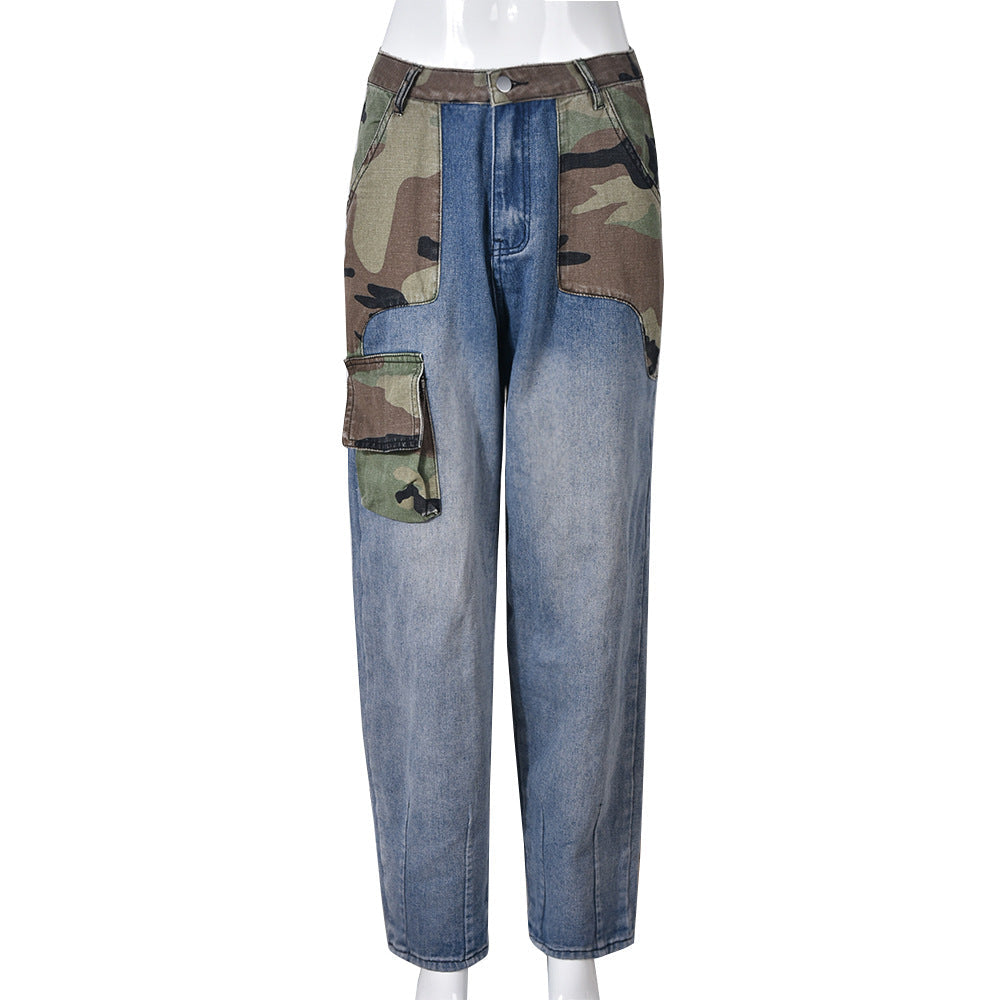 Women Clothing Trendy Denim Camouflage Contrast Color Personality Stickers Bags Straight Pants for Women
