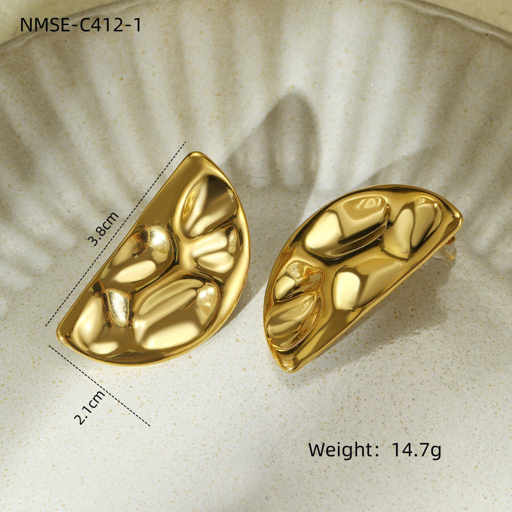 Arrival Exaggerated High Grade Titanium Steel Earrings Concave Convex Hammered Semicircle Symmetrical Stainless Steel Ring