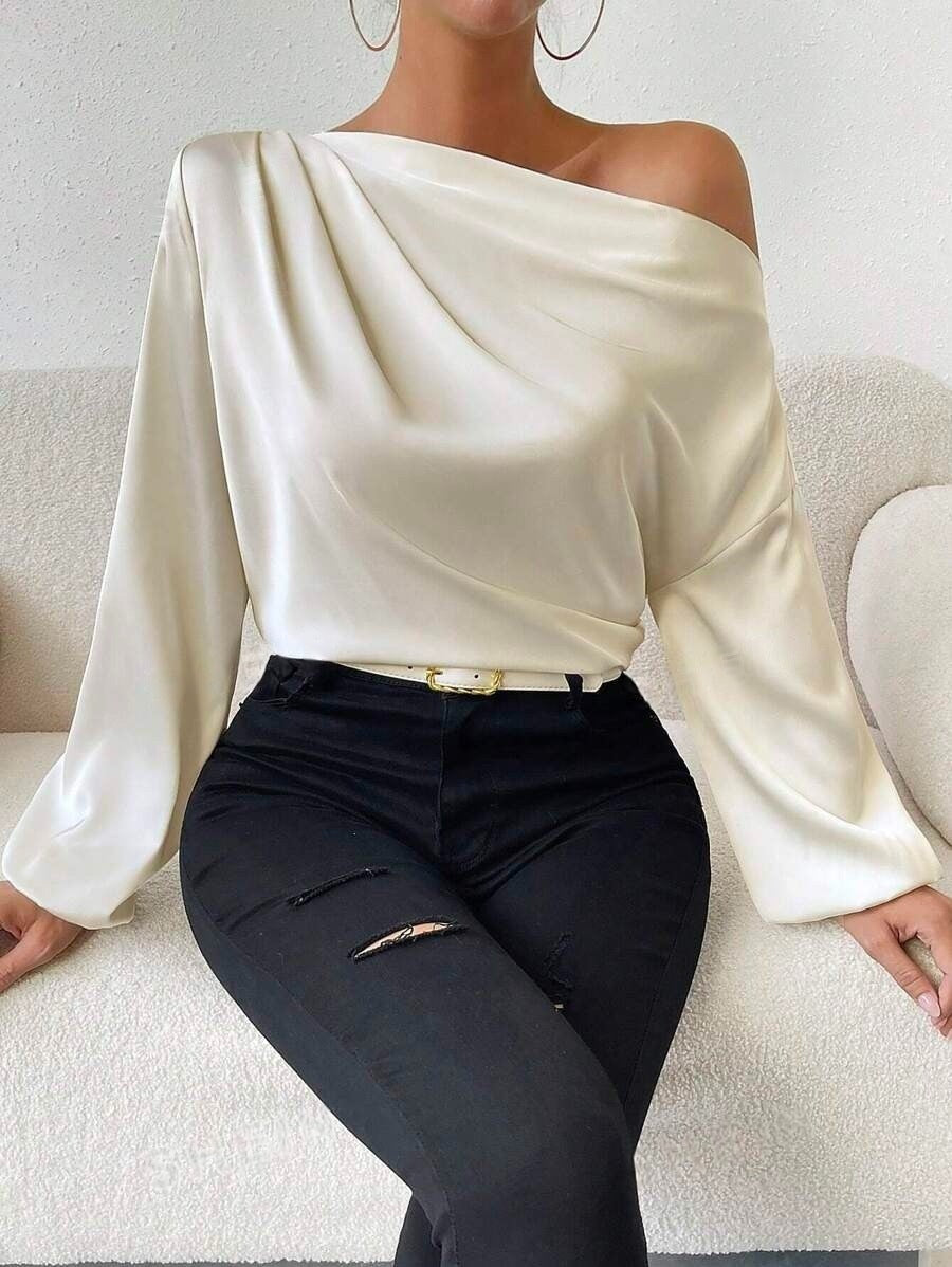 Oblique Shoulder Design Long Sleeve Shirt Women Asymmetric Pullover Top Solid Color Satin Long