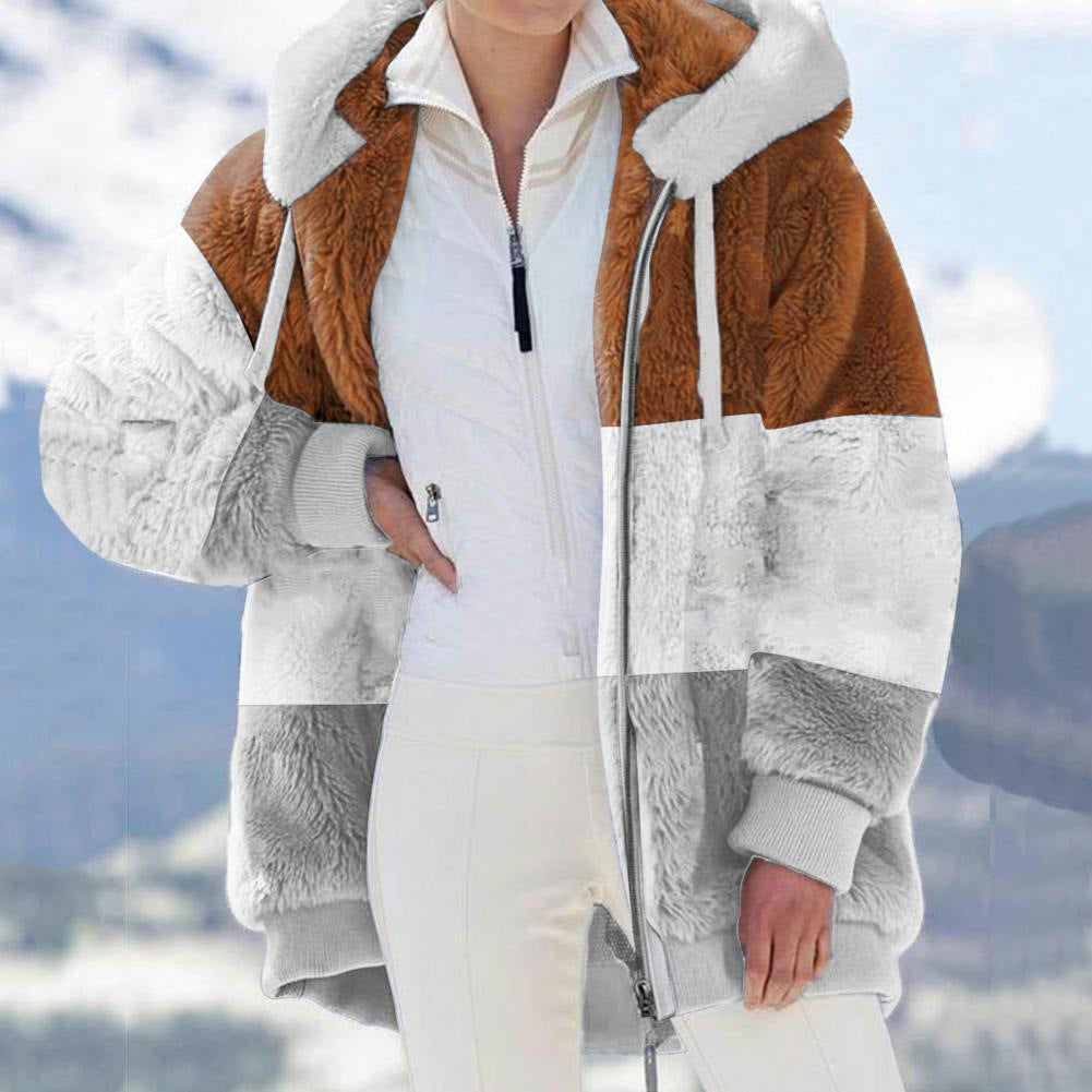 Autumn Winter Warm Plush Patchwork Zipper Pocket Hooded Loose Coat Women