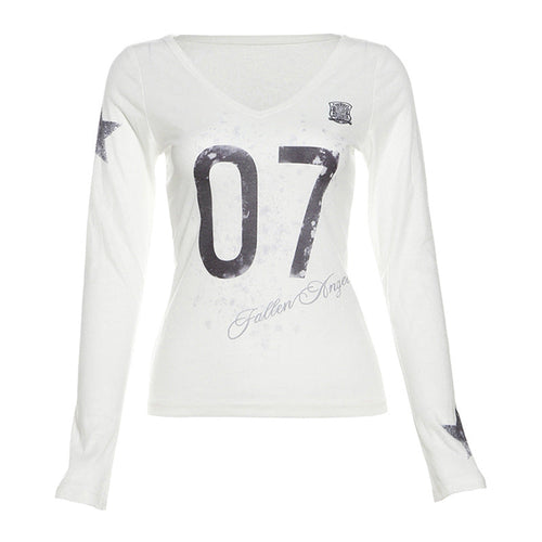 Autumn Sexy See through Slim Fit V neck Printed Long Sleeved T shirt Top Women Clothing