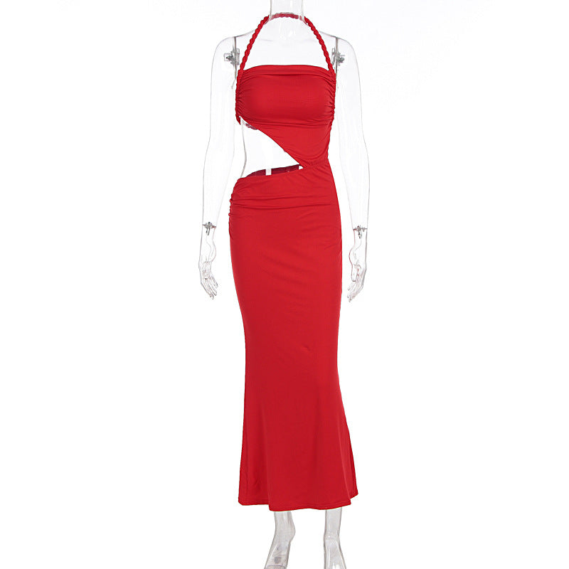 Women Clothing Summer Sexy Braid Rope Halter Cut out Slim Sleeveless Dress
