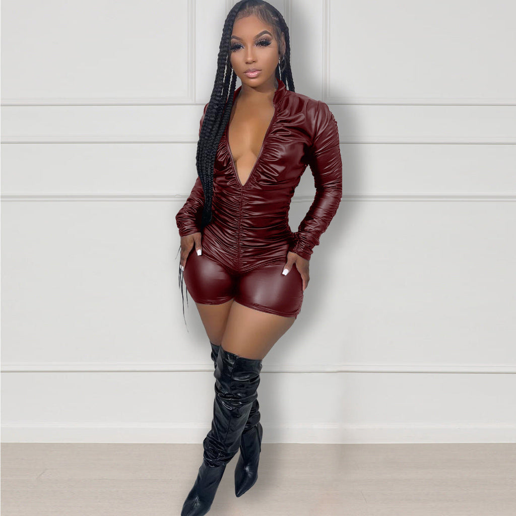 Women Clothing Solid Color Pleated High Elastic Faux Leather Jumpsuit