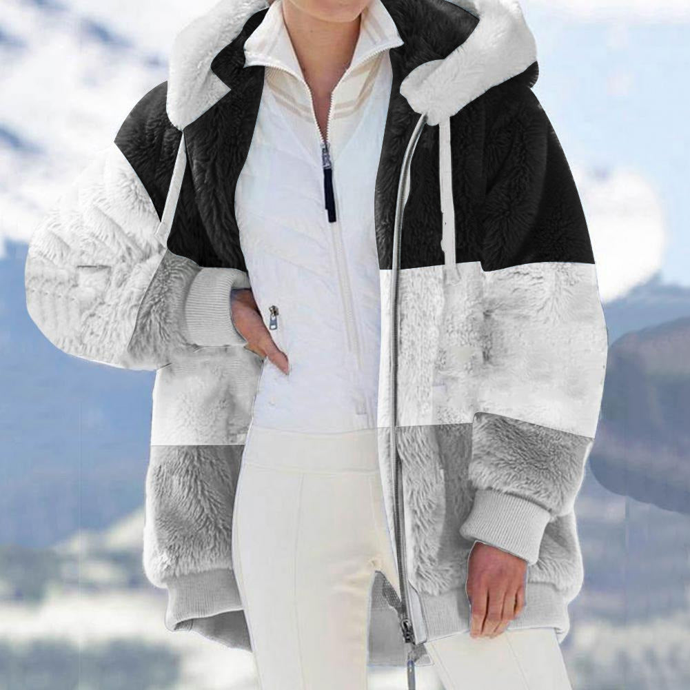 Autumn Winter Warm Plush Patchwork Zipper Pocket Hooded Loose Coat Women