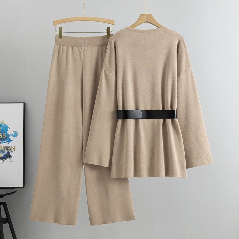 Suit Women Spring Autumn Women Clothing Socialite Elegant Knitwear Slimming Sweater Wide Leg Pants Two Piece Set