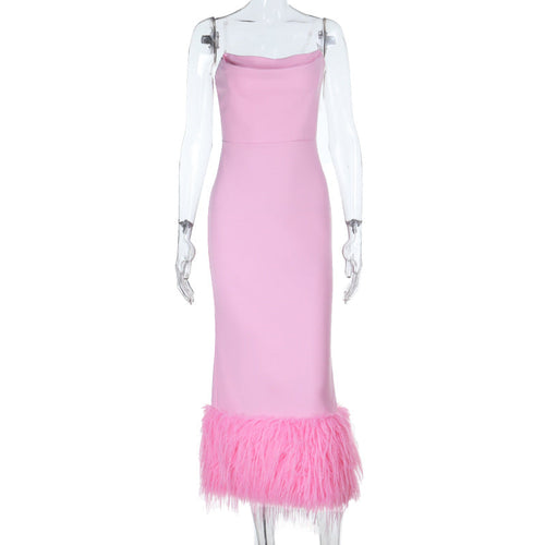 Autumn Solid Color Stitching Sexy Slim Tube Top Furry Party Sling Dress