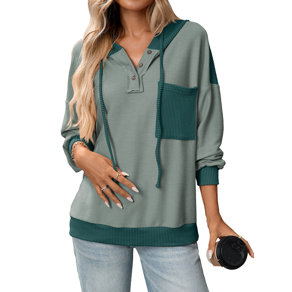 Pullover Women Clothing Autumn Winter Women Contrast Color Twist Strip Hooded Sweater
