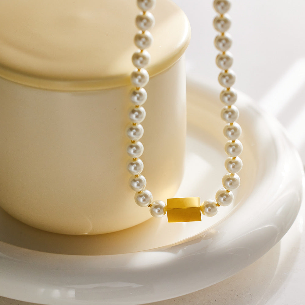 Japanese Korean Simple Vintage Pearl Clavicle Chain Vacuum Vapor Plating 18K Gold Simple All Match Pearl Necklace Ornament Accessories
