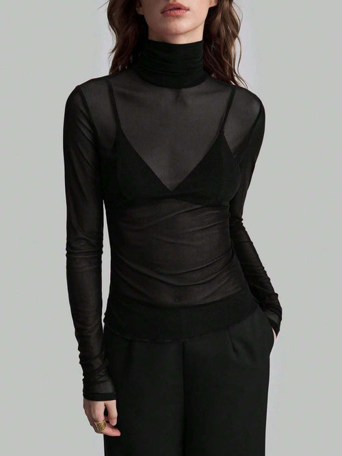 Autumn Winter Stand Collar Solid Color Mesh Slim Fit Slimming Long Sleeves Office Top
