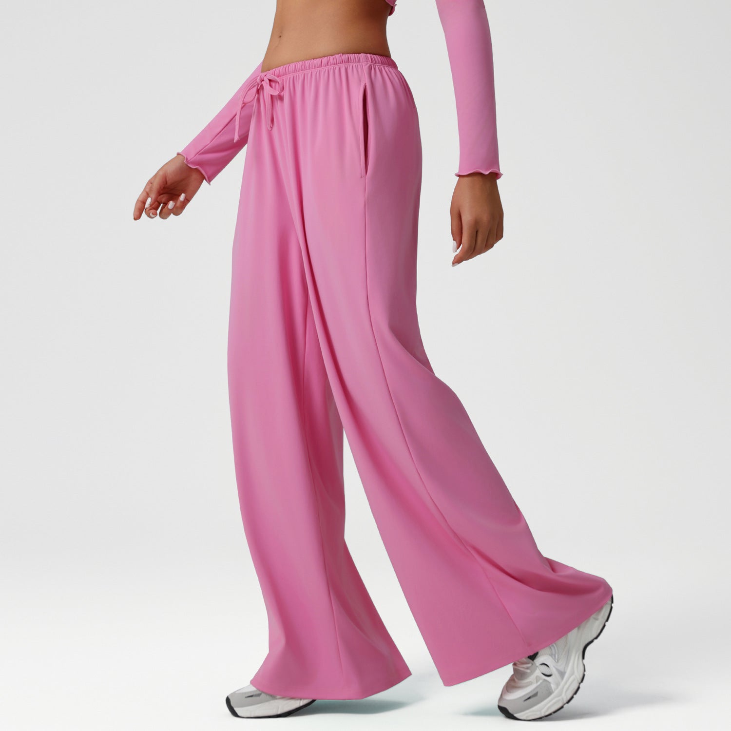 Autumn Winter Wide Leg Women Sports Pants Loose Low Waist Fitness Pants Drawstring Elastic Casual Yoga Pant Belt Pocket