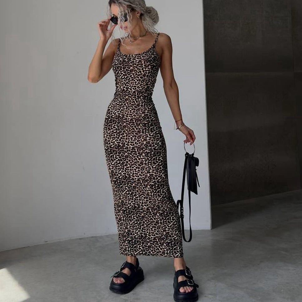 Women Clothing Sexy Sling Dress Tight Waist Sheath Dress Slimming Printed Dress Backless