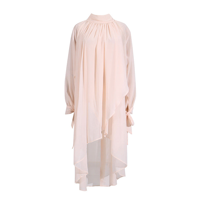 Simple Top Women Autumn Comfort Casual Office Turtleneck Long Sleeve Pleating Solid Color Shirt
