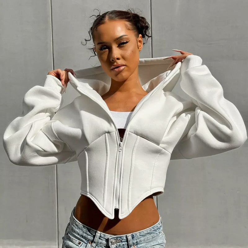 Women Autumn Winter Casual Zipper Long Sleeve Hooded Cardigan Cropped Coat Top