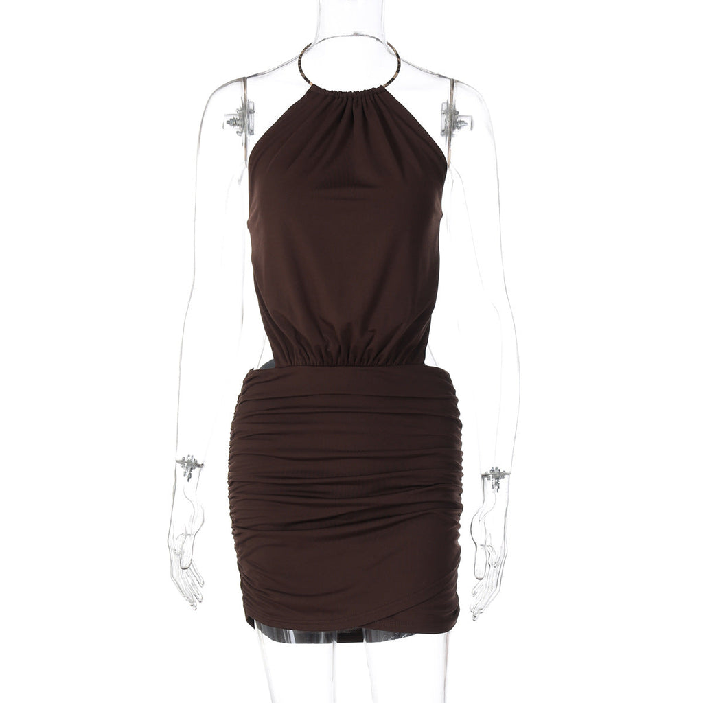 Summer Metal Ring Halter Exposed Back Sexy Slim Sheath Solid Color Dress