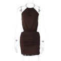 Summer Metal Ring Halter Exposed Back Sexy Slim Sheath Solid Color Dress