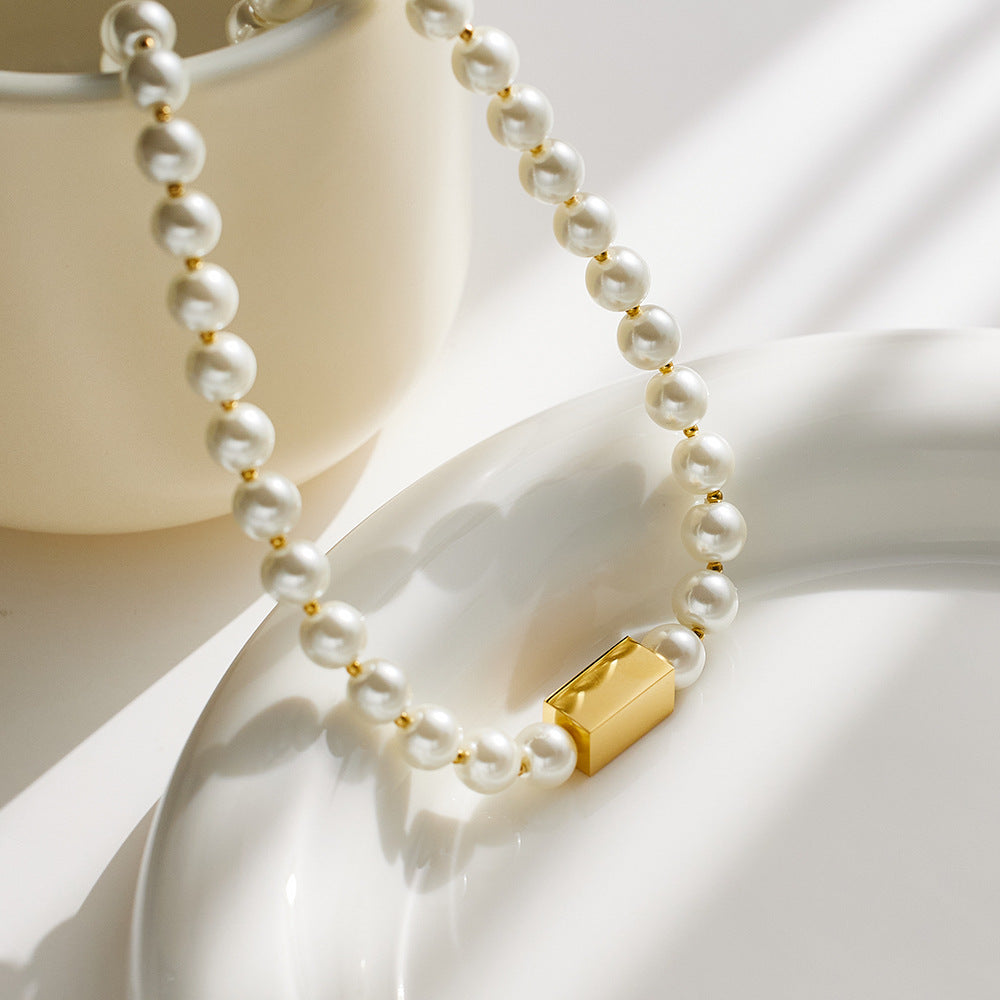 Japanese Korean Simple Vintage Pearl Clavicle Chain Vacuum Vapor Plating 18K Gold Simple All Match Pearl Necklace Ornament Accessories