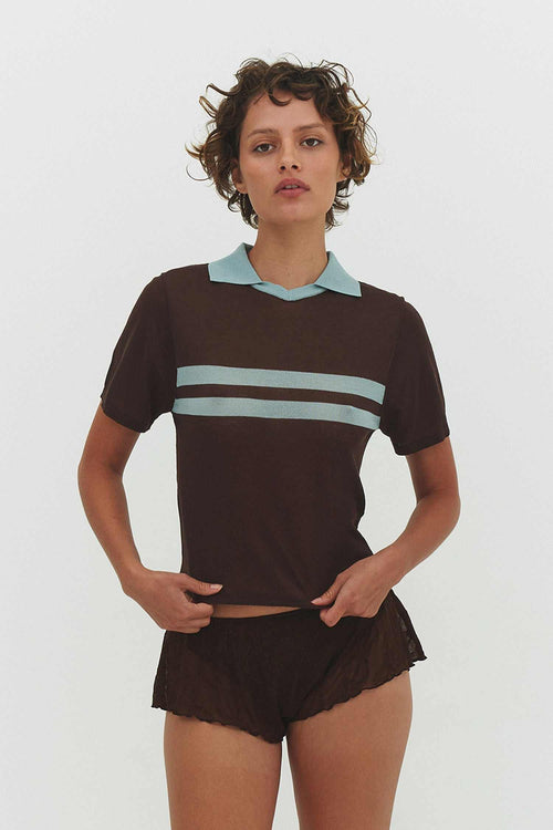 ARACI KNIT POLO TOPRed's Casual  wearfindmenowthelabelT-ShirtsThe Short Slv Stripe Polo Sweater is a fitted polo-style sweater with color-blocked stripes and a collared neckline. Preppy done right.
Fit Details ✿✦  Fitted, StretARACI KNIT POLO TOP IN COCOA CREAM