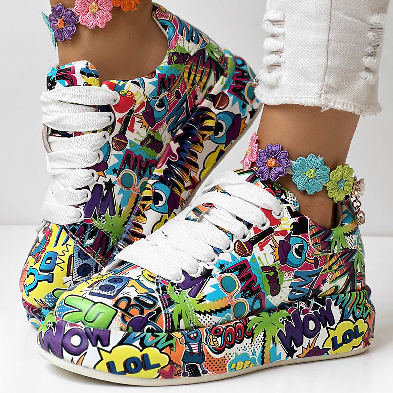 Round-Toe Thick-Sole Lace-Up Sneakers — Women’s Casual Print Shoes