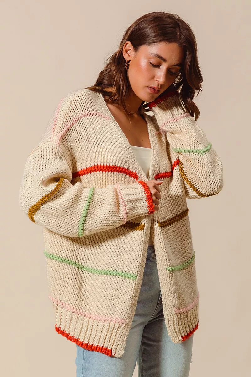 SO ME Loose Fit Multi Stripe Open Front Cardigan