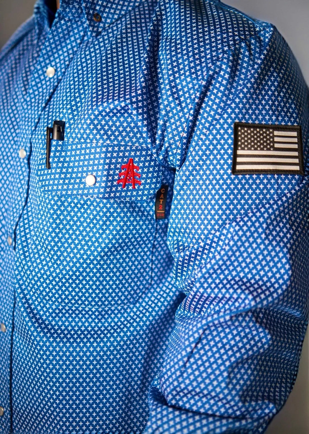 FR Pearl Snap Work Shirt - Royal Blue - With U.S Flag